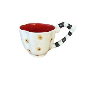 Dots & Stripes Style White Red Homemade Signed Houseware Tiny Cup Tea Sake Coffe